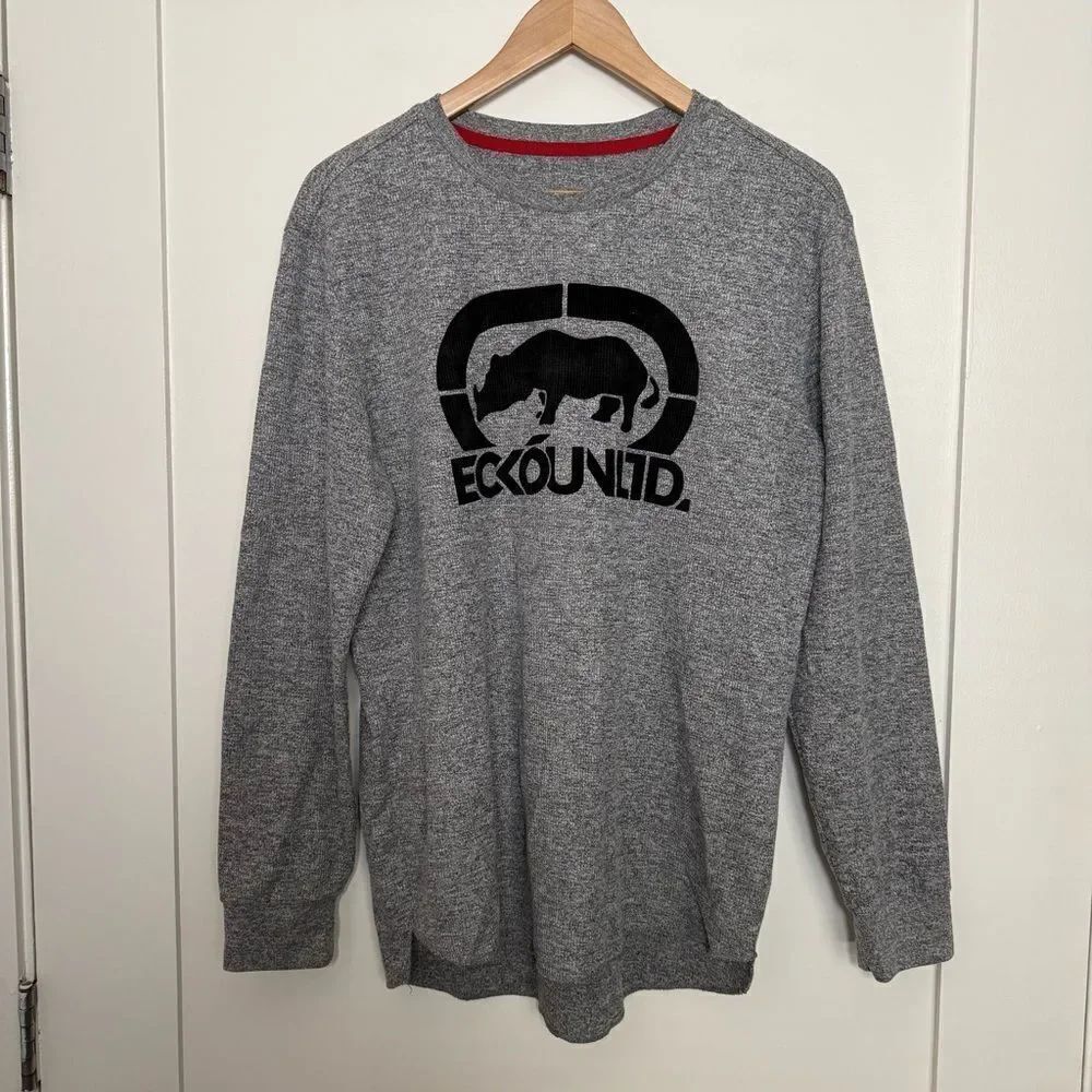 Ecko Unltd T Shirt Men Sz L Gray Waffle Long Sleeve Pullover Velvet Logo Outdoor